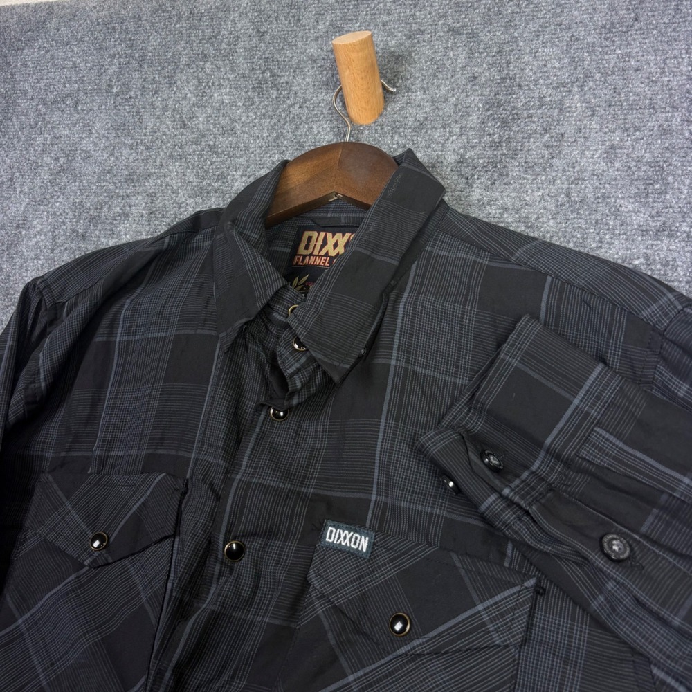 Dixxon Flannel Murphy Shirt Mens L Black Grey Bamboo Blend Plaid Button Up 0603